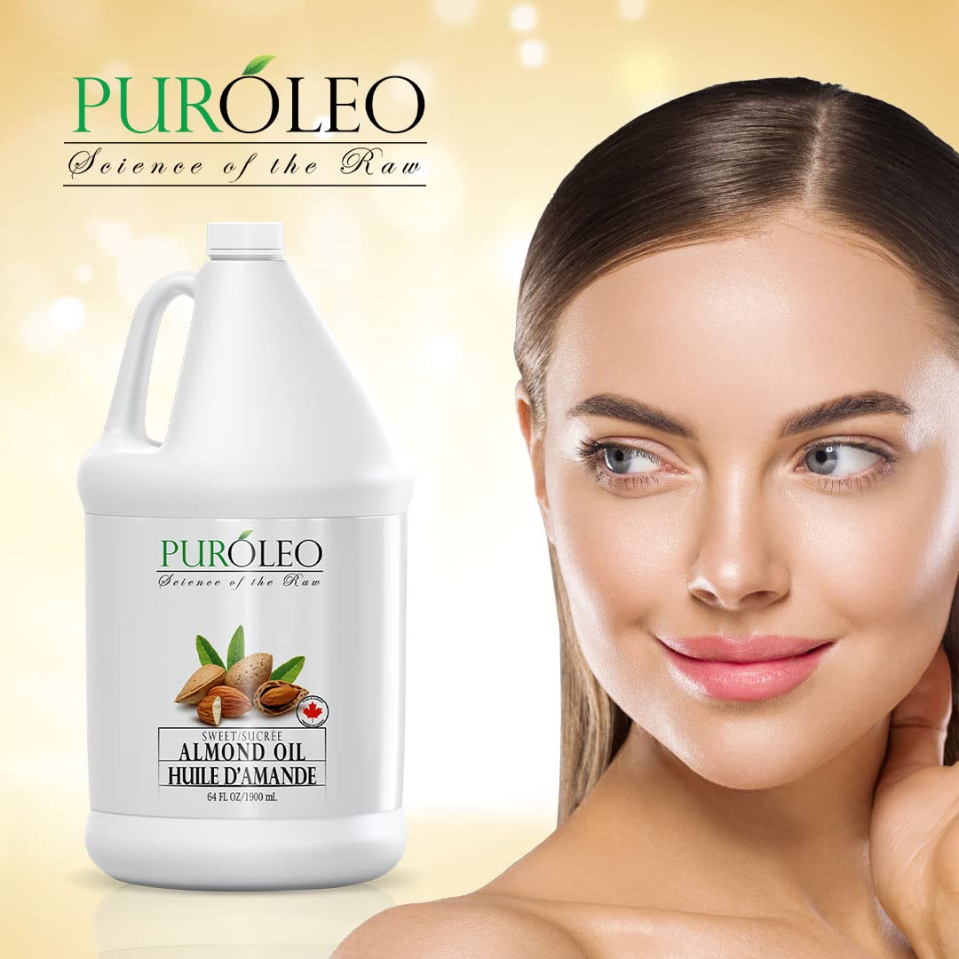 PUROLEO Sweet Almond Oil 64 Fl Oz/1900 ML 100% Natural and Pure | Moisturizer & Carrier Oil | Beauty & DIY Blends, Massage Oil, Body Oil, Hair Oil and Baby Oil | Made from Almonds raw