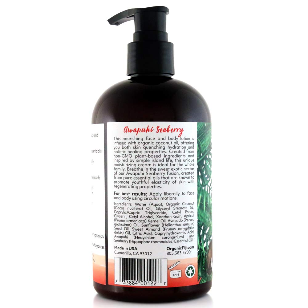 Organic Fiji Moisturizing Face and Body Organic Coconut Oil Lotion Awapuhi Seaberry 12 Ounce