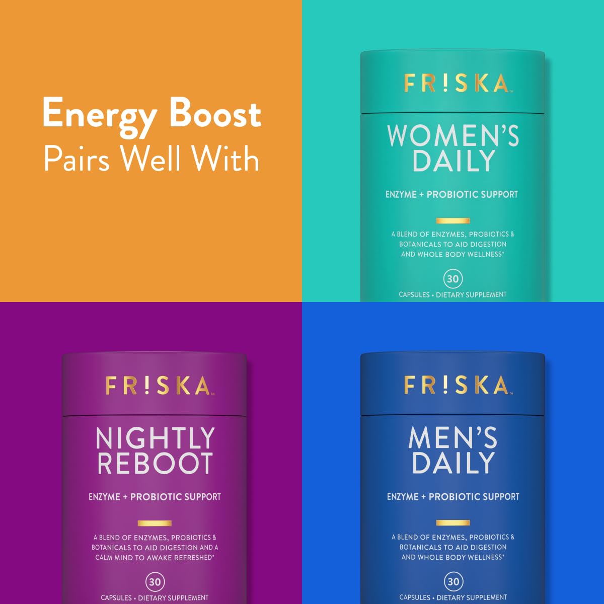 FRISKA Energy Boost Enzyme and Probiotics Supplement, Promotes Better Digestion and Energy for Men and Women, Gut Health, 30 Capsules