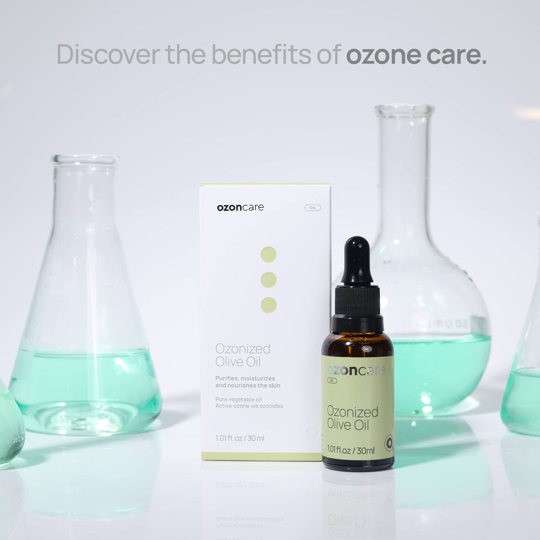 OZONCARE Ozonated Olive Oil - Moisturizing, Nourishing and Purifying Oil, Skin Treatment, Natural Products, Sensitive and Damaged Skin, Accelerates Skin Repair - VEGAN, Paraben Free - 1.05Oz/30 g