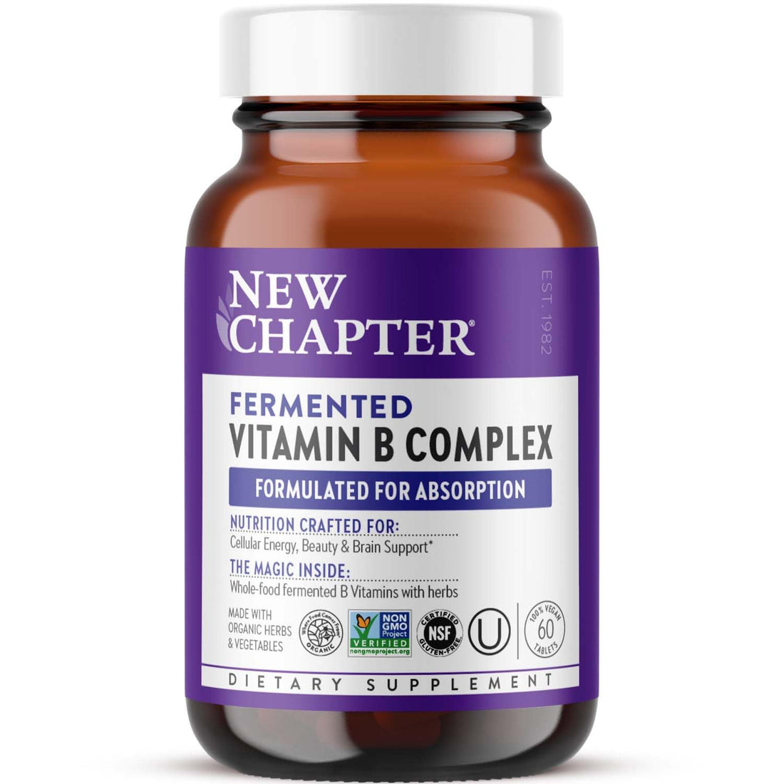 New Chapter Vitamin B Complex, Fermented Vitamin B Complex, USDA Organic, ONE Daily for Cellular Energy + Brain + Beauty, 100% Vegan, Gluten-Free - 60 Count