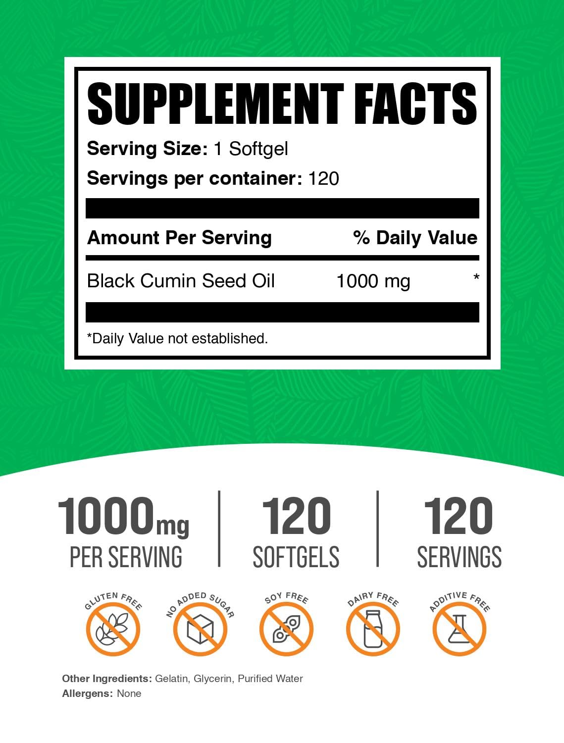 BulkSupplements.com Black Cumin Seed Oil Softgels - Black Cumin Seed Supplement, Black Cumin Seed Oil 1000mg - Gluten Free, 1 Softgel per Serving, 120 Count (Pack of 1)