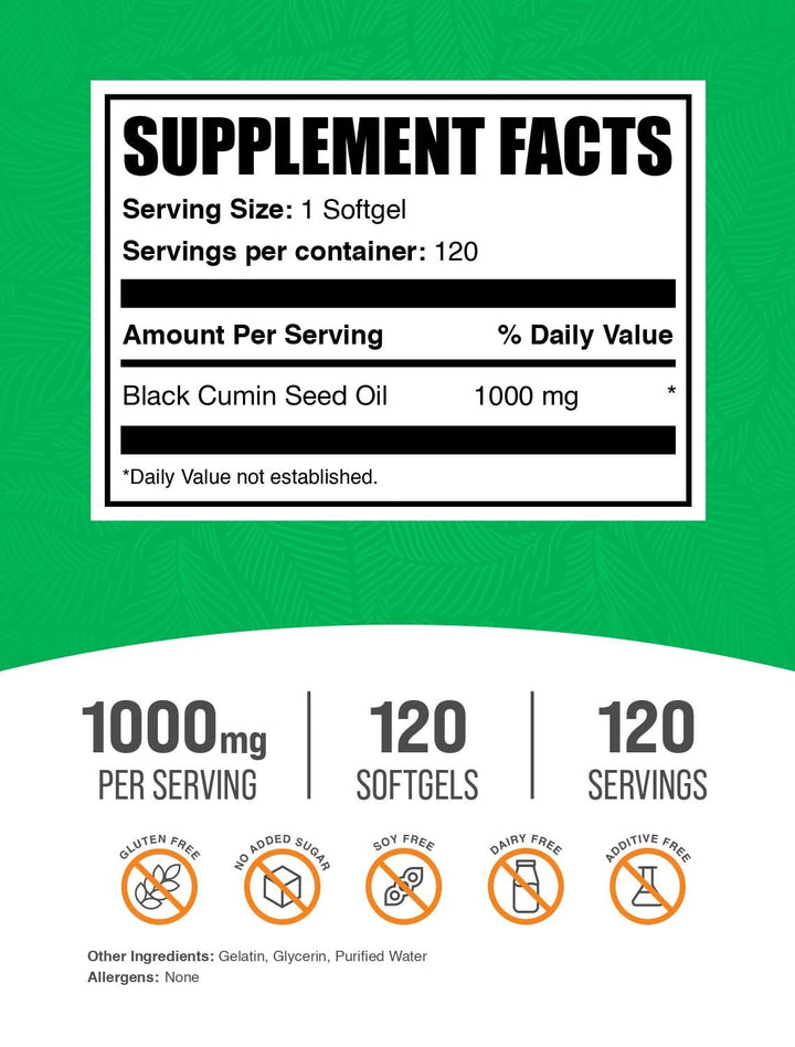 BulkSupplements.com Black Cumin Seed Oil Softgels - Black Cumin Seed Supplement, Black Cumin Seed Oil 1000mg - Gluten Free, 1 Softgel per Serving, 120 Count (Pack of 1)