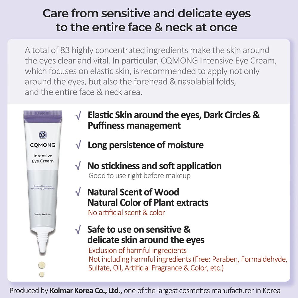 CQMONG Intensive Eye Cream 1.01 fl oz for hydrating, wrinkles, elastic skin, dark circles, puffiness, fine lines, eye bags under eyes | Hyaluronic Acid, Collagen, Peptide | Korean skincare