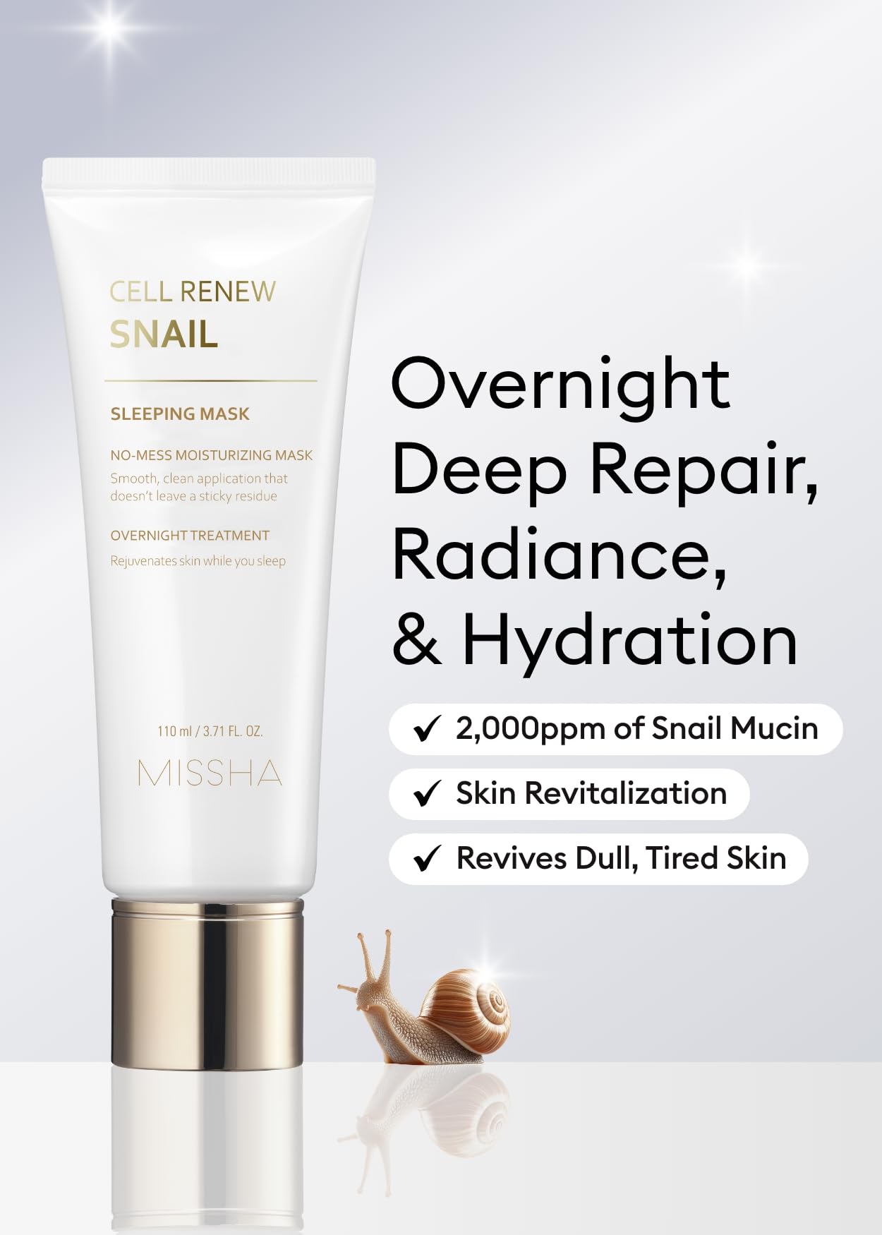 MISSHA Cell Renew Snail Sleeping Mask 3.71 Fl oz I Korean Overnight Face Mask with Snail Slime Extract for Acne Scars, Wrinkles, Redness & Dull Skin