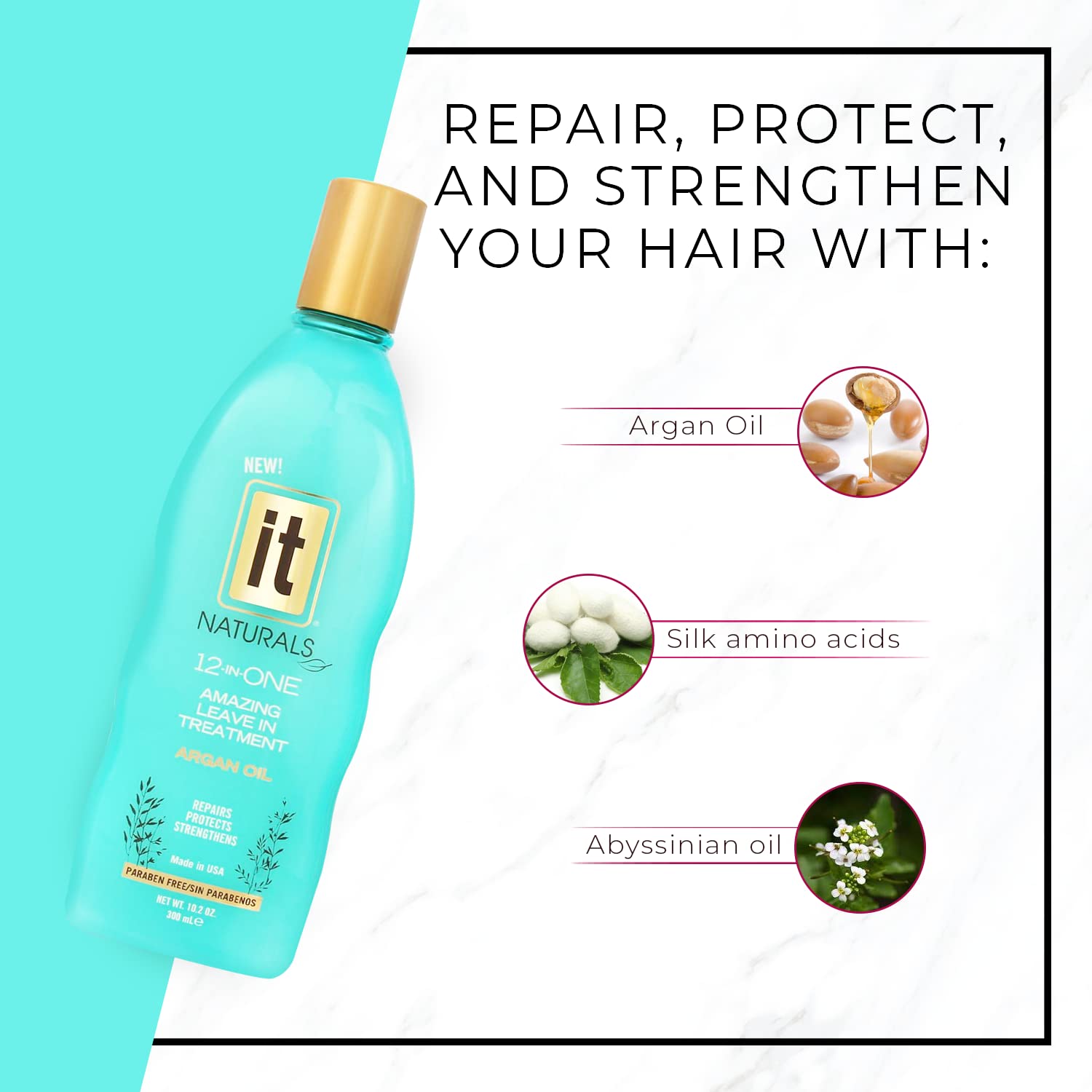 IT Naturals 12-in-ONE Amazing Leave In Treatment with Argan Oil, 10.2oz | Repairs, Protects & Strengthen Hairs | Protects from Split Ends and Breakage | Improves Hair Texture | Paraben Free