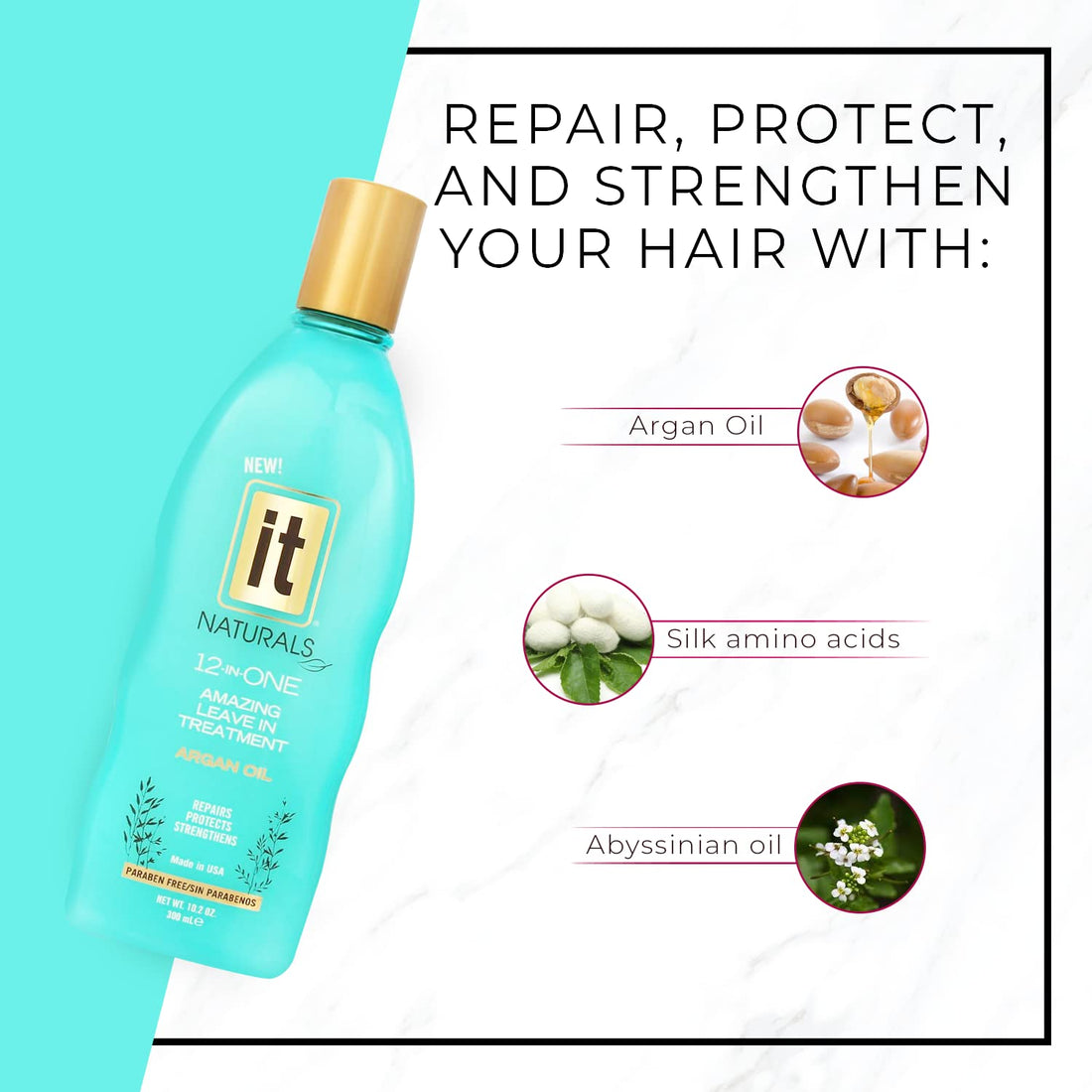 IT Naturals 12-in-ONE Amazing Leave In Treatment with Argan Oil, 10.2oz | Repairs, Protects & Strengthen Hairs | Protects from Split Ends and Breakage | Improves Hair Texture | Paraben Free