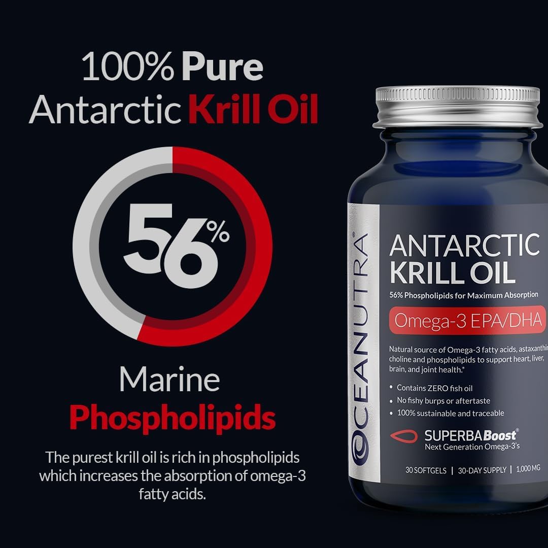 100% Pure Organic Krill Oil 1000mg, 60-Day, Omega 3, Highest Concentration 56% Phospholipids, Wild Caught, Sustainable Antarctic SuperbaBoost, Astaxanthin,Omega xl, Heart, Joint, Skin Care,No Fish Oil
