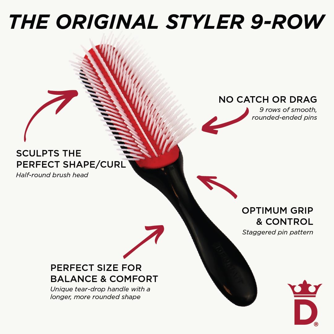 Denman Curly Hair Brush D4 (Black & Red) 9 Row Styling Brush for Styling, Smoothing Longer Hair and Defining Curls - For Women and Men