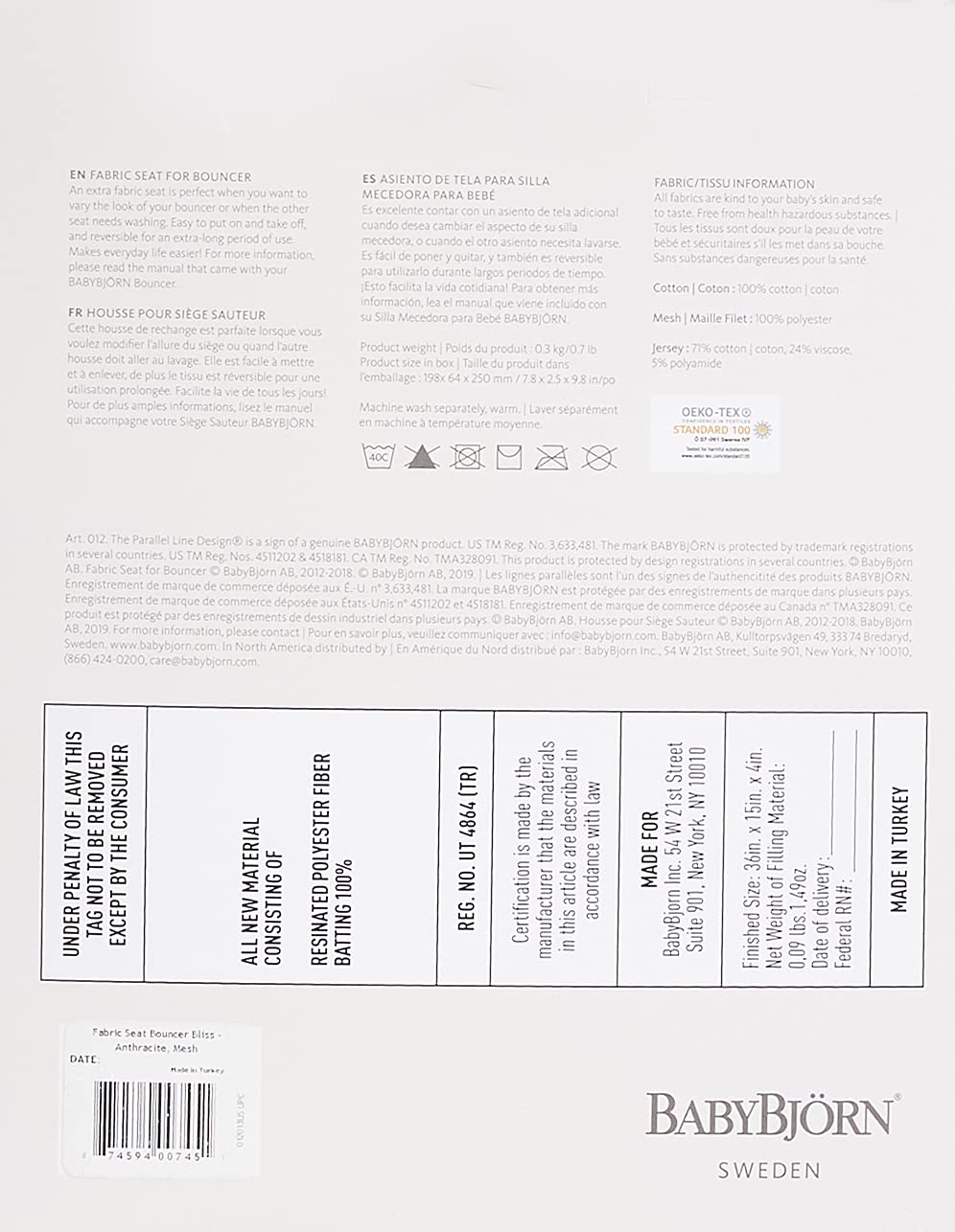 BabyBjörn Fabric Seat for Bouncer - Anthracite, Mesh, Anthracite, 1 Count (Pack of 1)