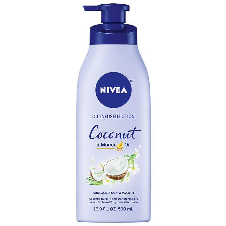 NIVEA Oil Infused Coconut and Monoi Oil Body Lotion, Non-Greasy Coconut Scented Lotion Moisturizes for 24+ Hours, 16.9 Fl Oz Pump Bottle