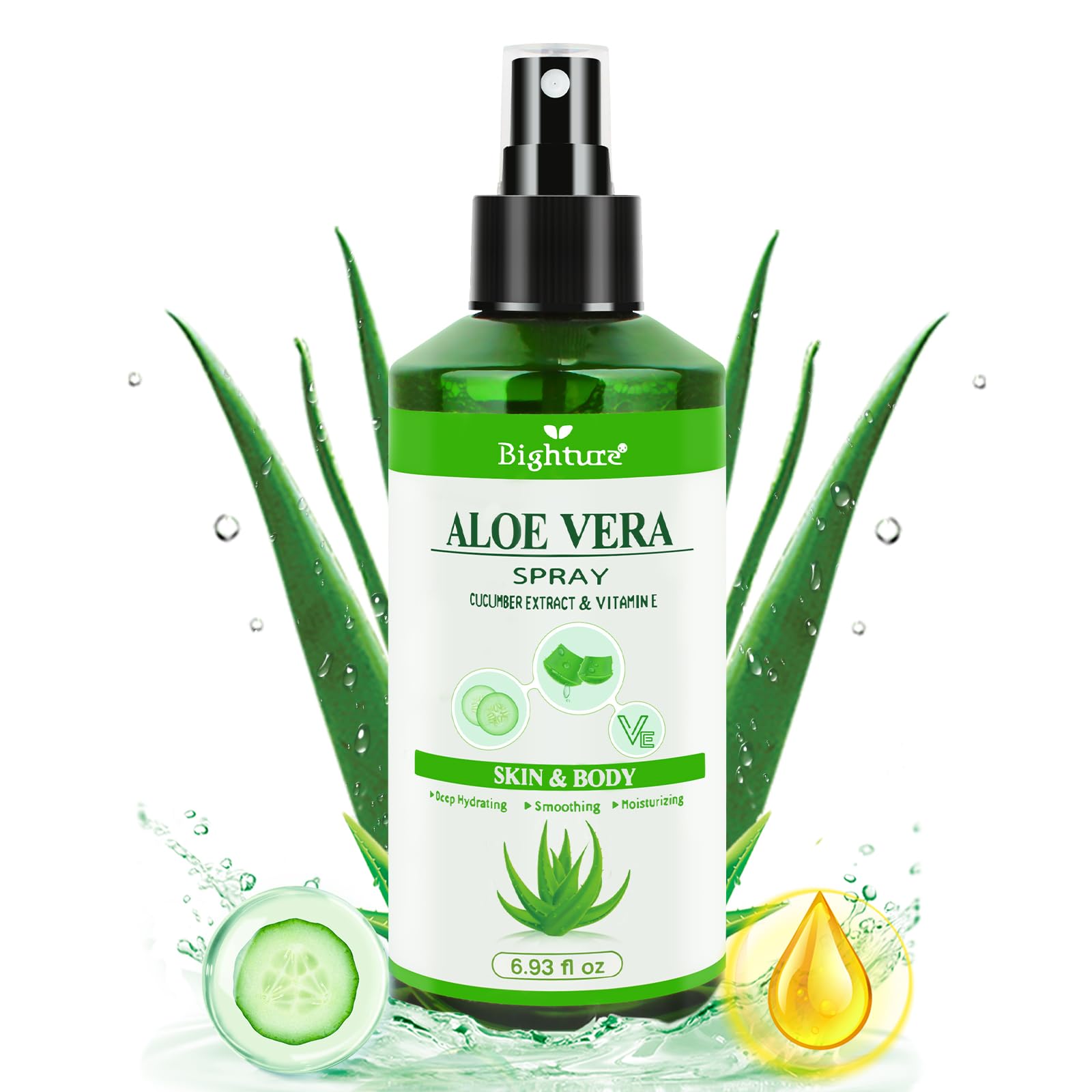 BIGHTURE Aloe Vera Spray from Freshly Cut Pure Aloe, Aloe Vera Spray for Skin& Hair, Aloe Vera Spray for Sunburn Relief, 6.93oz, Absorbs Rapidly, Infused wirh Cucumber Essence