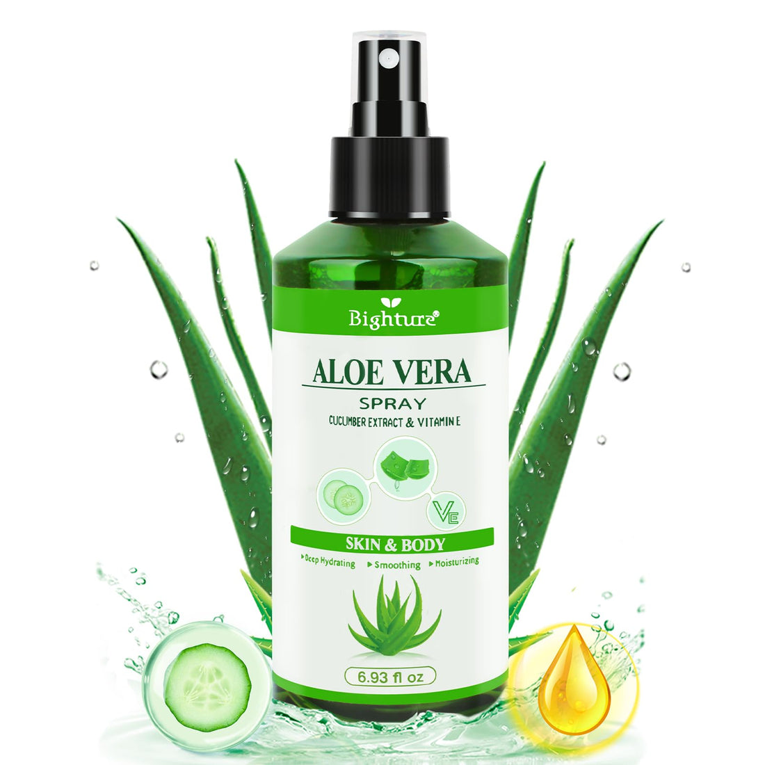 BIGHTURE Aloe Vera Spray from Freshly Cut Pure Aloe, Aloe Vera Spray for Skin& Hair, Aloe Vera Spray for Sunburn Relief, 6.93oz, Absorbs Rapidly, Infused wirh Cucumber Essence