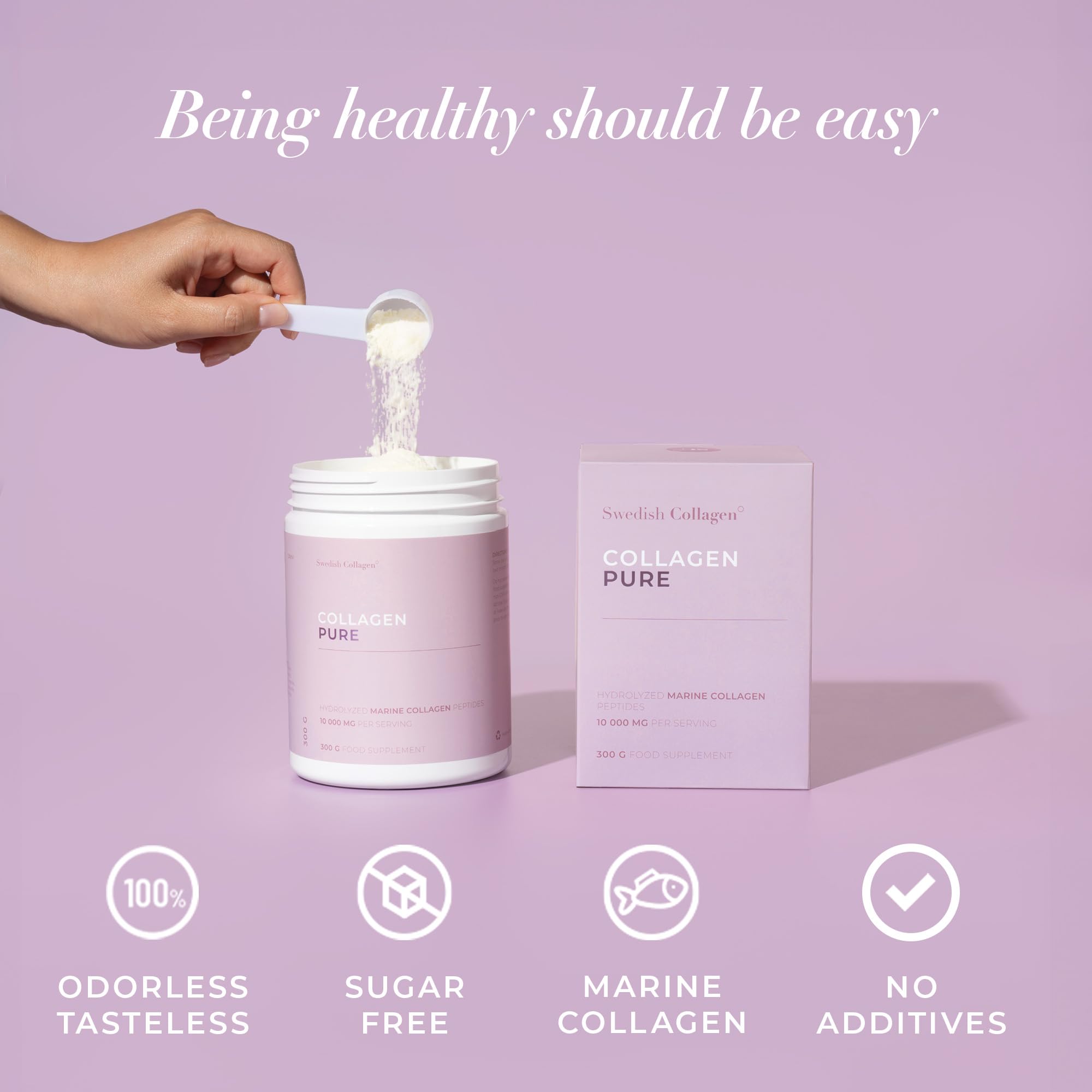 Swedish Collagen - Hydrolyzed Marine Collagen 10,000 mg Powder Supplement - Pack of 300 g, 30 Day Supply | Pure Peptide for Healthy Hair, Skin, Nails & Joints I 100% Natural & Gluten Free | Sugar-Free