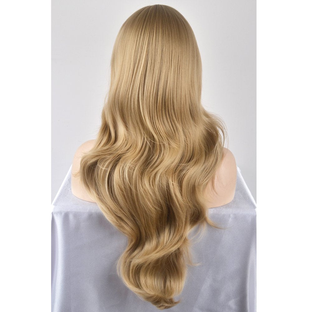 BERON 27.5' Fashion Women Girls Long Curly Wavy Synthetic Wig with Air Bangs Wig Cap Included (Linen Gold)