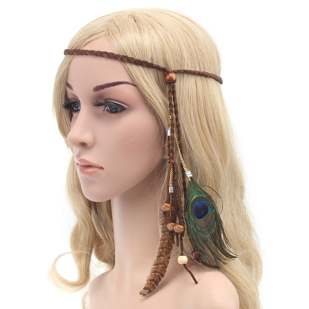 Girls Women Lady BOHO Peacock Feather Hair Band Head Band Hairdressing Folk Style Indian Handmade Headband Hair Hoop Headpiece Headwear Accessory