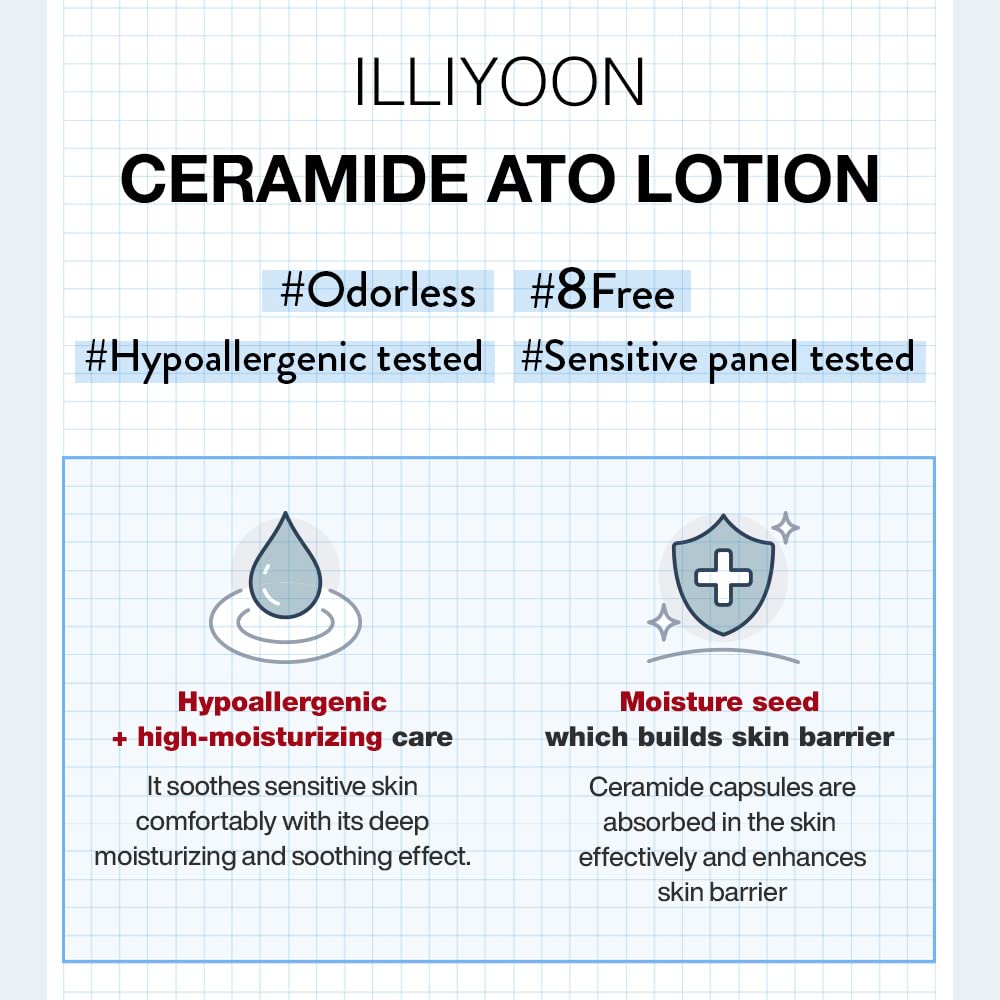 Illiyoon Ceramide Ato Lotion | Lightweight Moisturizer for Dry & Sensitive Skin, Barrier Repair for Face and Body, Mild for Babies, Vegan Certified, Korean Skincare, 2.3 fl.oz.