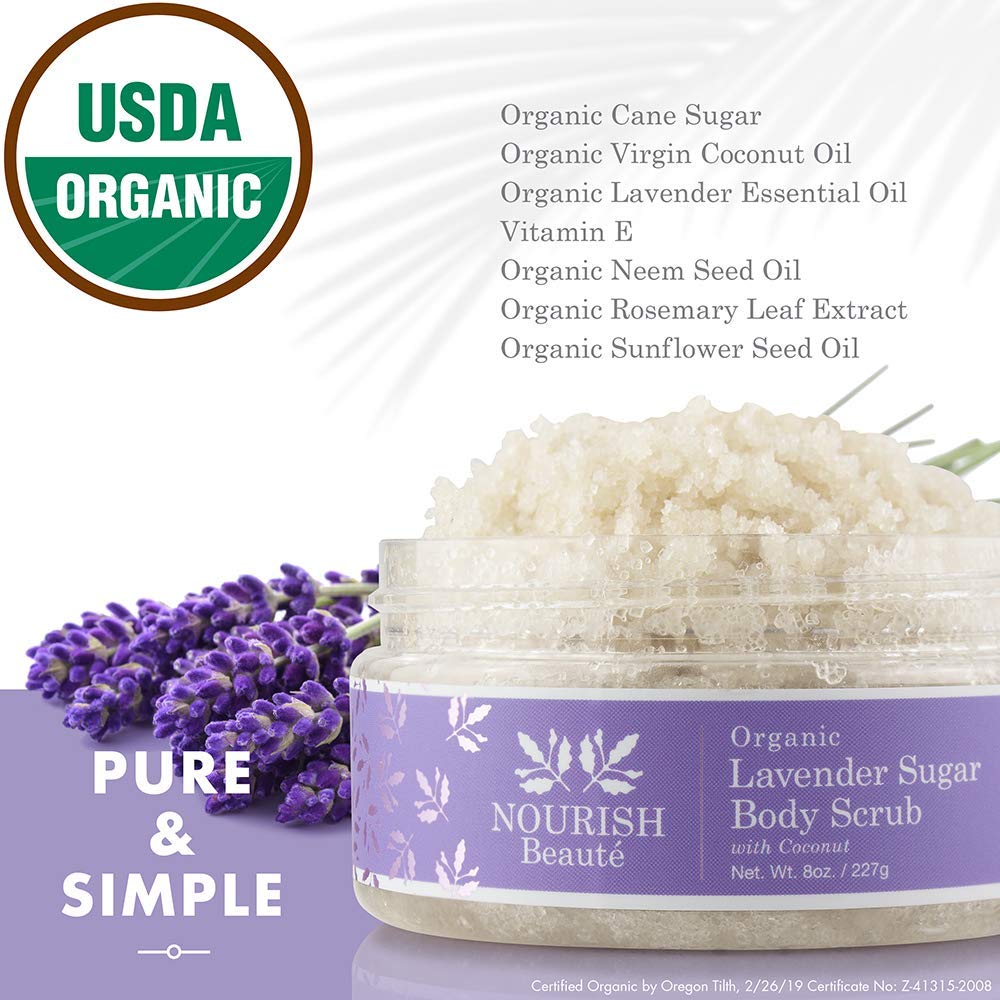 Nourish Beaute Organic Sugar Body Scrub for Exfoliation and Cellulite, Hydrates and Moisturizes Skin While Improving Skin Tone and Texture, 8 oz, Lavender