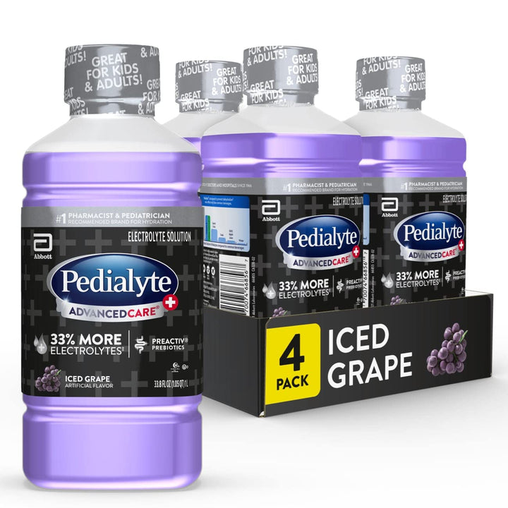 Pedialyte AdvancedCare+ Electrolyte Drink with 33% More Electrolytes and has PreActiv Prebiotics, Iced Grape, 1 Liter, 4 Count
