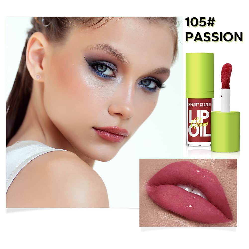 Beauty Glazed Big Brush Head Lip Oil, Ultra-Hydrating & Nourishing, Smooth Glossy Finish Lip Glow Oil, Shiny and Vegan Tinted Lip Gloss, Non-Sticky Formula (4, 101# 102# 105# 107#)