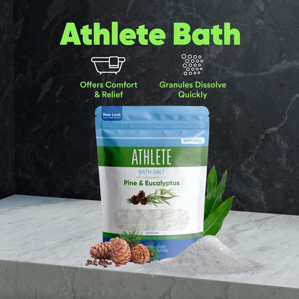 Athlete Bath Salt 2 Pounds (32 Ounces) - Epsom Salt Bath Soak With Pine & Eucalyptus Essential Oil Plus Vitamin C - All Natural No Perfumes No Dyes - Post Workout Soak For Tired Sore Muscles