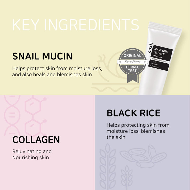 COXIR Black Snail Collagen Eye Cream (30ml / 1.01 fl.oz.) Blackbeans, Snail Mucin,Niacinamide,Collagen formulated slimy textured cream/korean wrinkle care