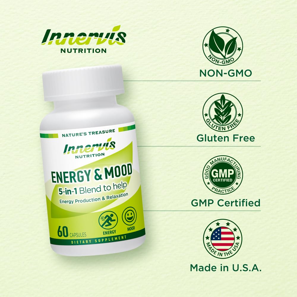 INNERVISNUTRITION Energy & Mood Supplement – 60 Capsules 5-in-1 Blend Boost Energy Production Support Relaxation Fatigue Stress Relief Formula Mood Enhancer – Non-GMO & Lab Tested