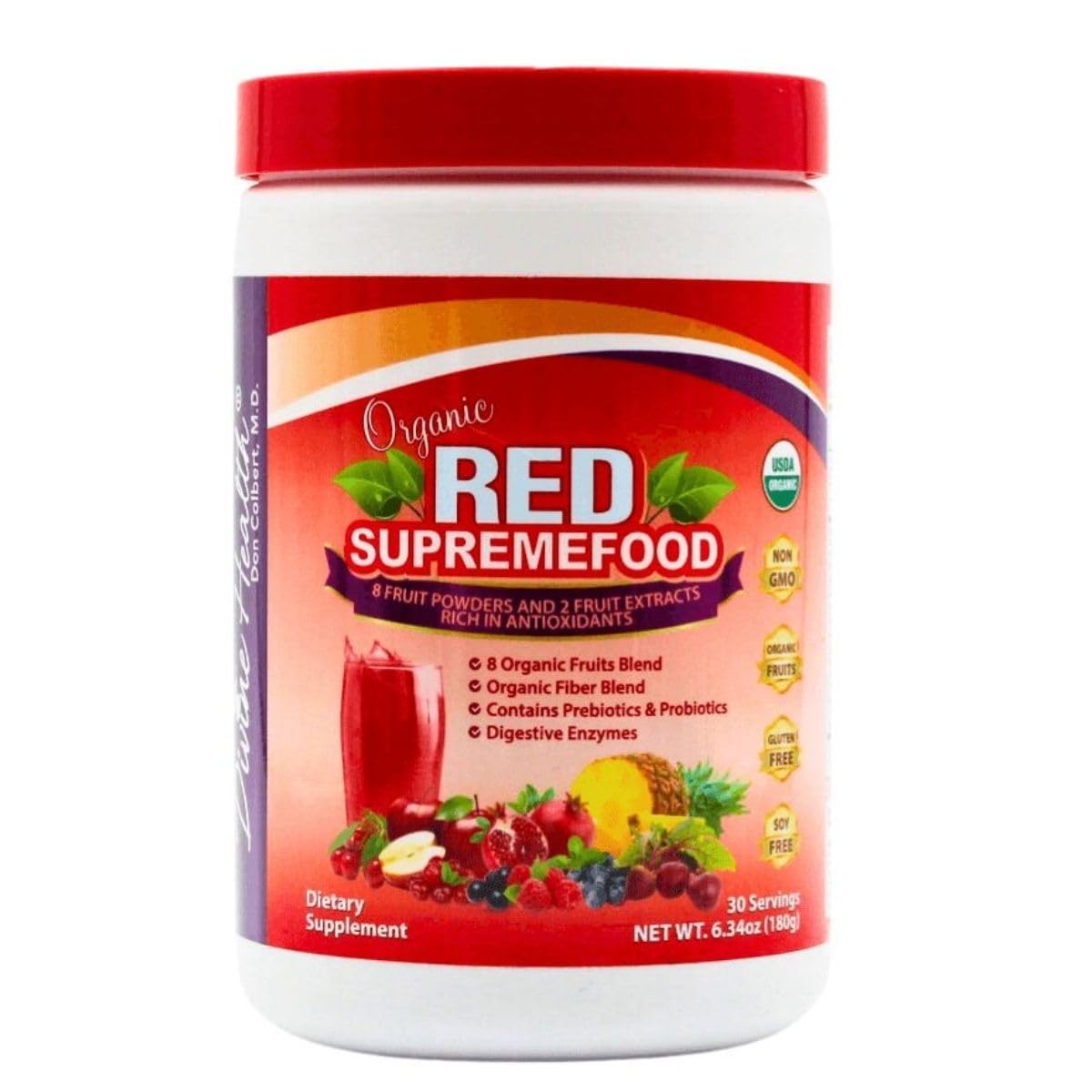 Divine Health Organic Red Supremefood® | 10 Organic Fruits + Probiotics, Enzymes, Herbs, Fiber & Antioxidants | Non-GMO Berry Flavored Blend | (180g) (30 Day Supply)