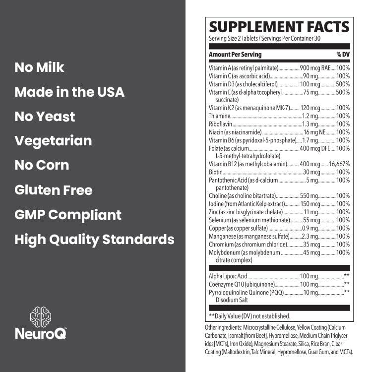 NeuroQ Daily Essentials Multivitamin - Fortified Mental Performance & Overall Wellness - Improve Memory & Focus - B-Complex, Vitamin D, Folate, CoQ10, Pantothenic Acid & More - 60 Capsules