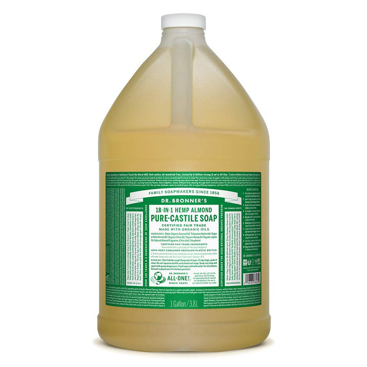 Dr. Bronnerââ‚¬â„¢s - Pure-Castile Liquid Soap (Almond, 1 Gallon) - Made with Organic Oils, 18-in-1 Uses: Face, Body, Hair, Laundry, Pets and Dishes, Concentrated, Vegan, Non-GMO