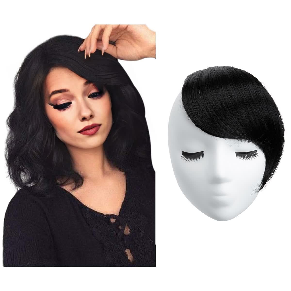 SARLA Synthetic False Clip-In Side Swept Bangs Extension Hairpieces B2 (1B jet black)