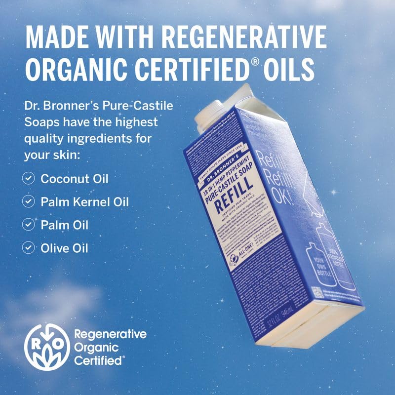 Dr. Bronner's Pure-Castile Liquid Soap Bottle & Refill Carton - Made with Regenerative Organic Certified Oils, 82% Less Plastic-18-in-1 Uses for Face, Body Wash, Hand Soap Refill- Peppermint, 32oz
