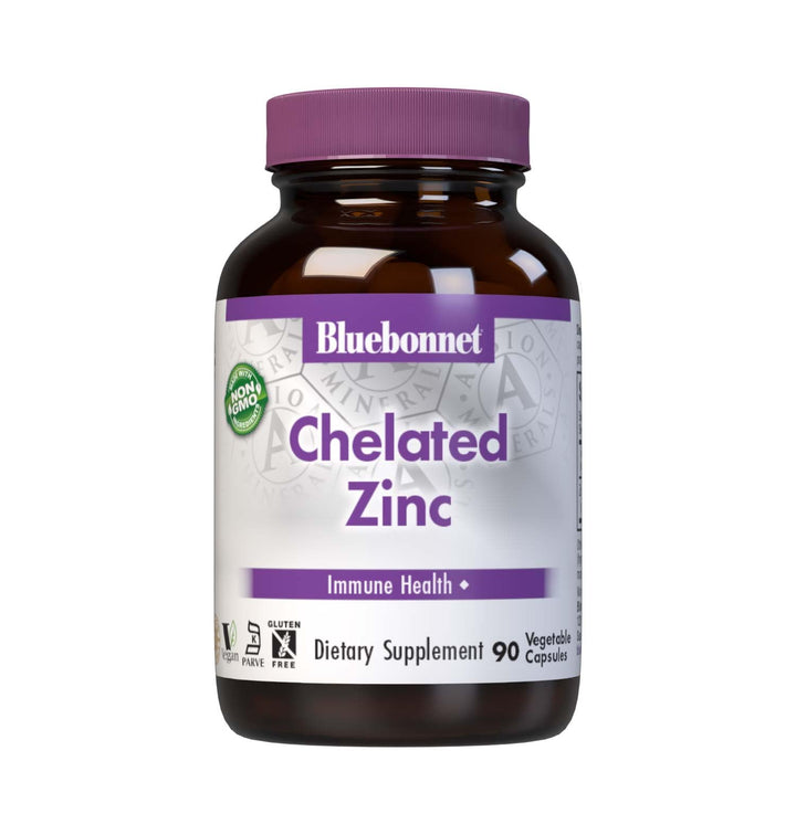 Bluebonnet Nutrition Albion Chelated Zinc, For Immune Health & Enzyme Function*, Soy-Free, Gluten-Free, Non-GMO, Kosher Certified, Dairy-Free, Vegan, 90 Vegetable Capsules, 90 Servings