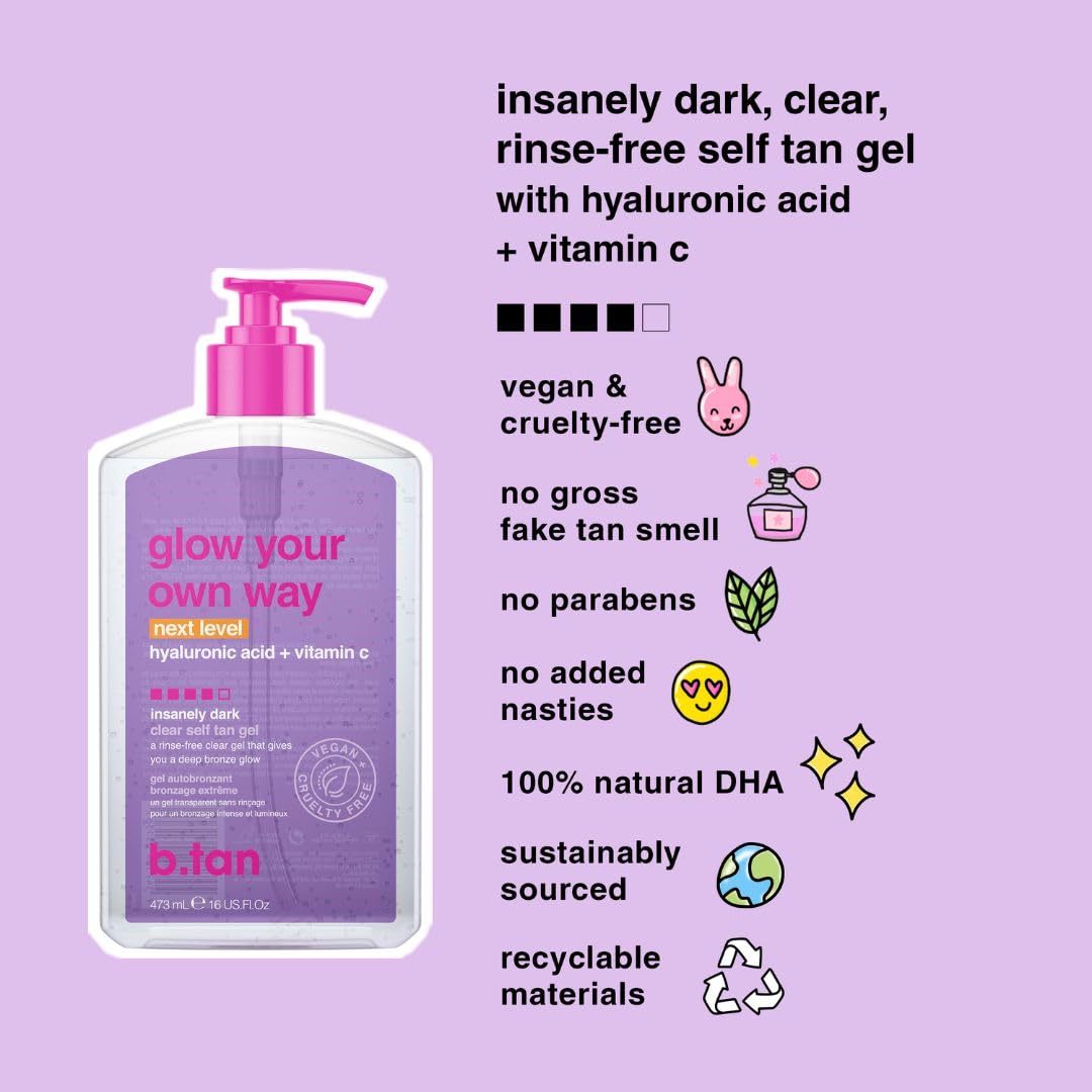 b.tan Insanely Dark Clear Self Tan Gel | Glow Your Own Way Next Level - Best, Transfer-Resistant Sunless Tanning Lotion, Ultra Quick Bronze, No Fake Tanner Smell, 16 Fl Oz