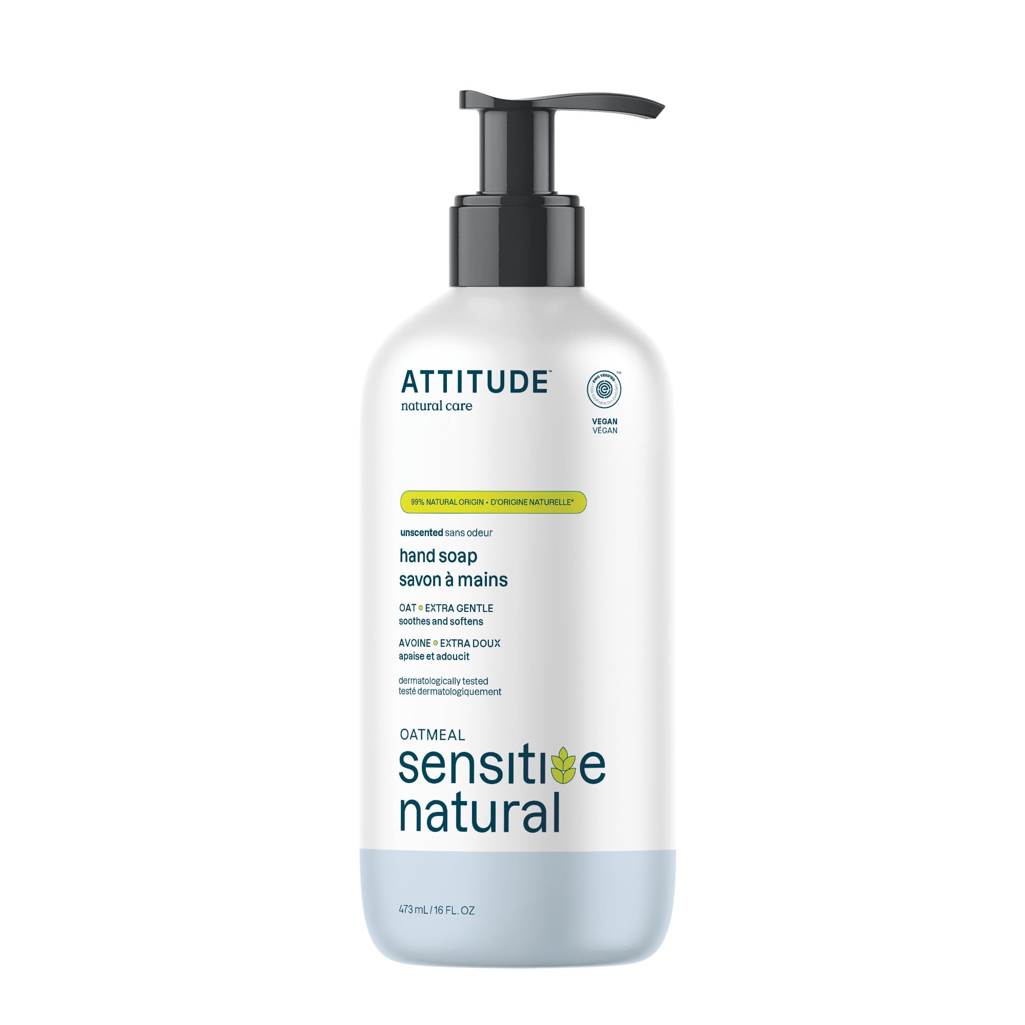 ATTITUDE Hand Soap For Dry Itchy Sensitive Skin (Dermatologist tested/Hypoallergenic EWG Verified/Vegan/Cruelty free/Fragrance Free), Unscented, 16 Fl Oz