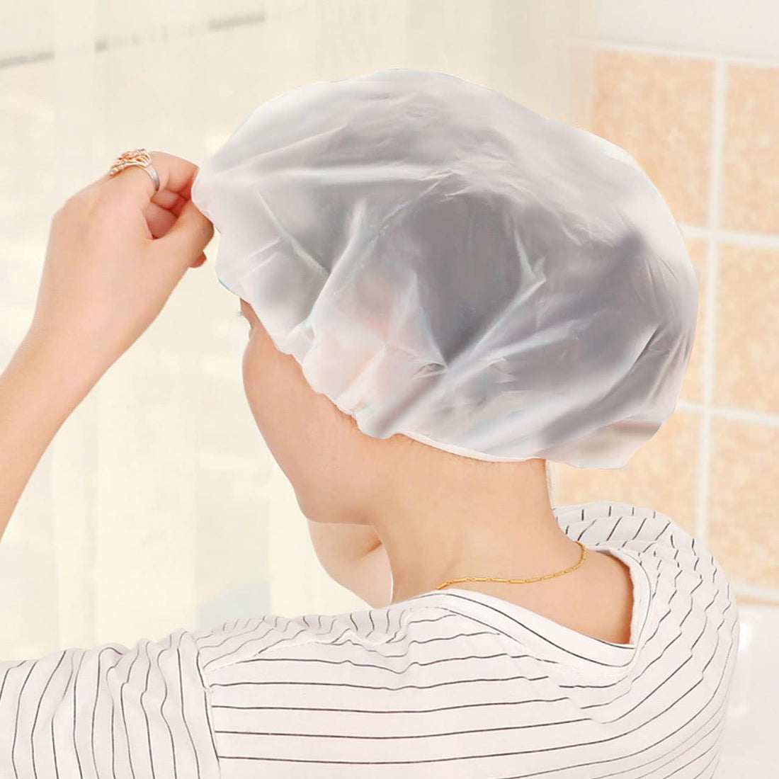 Shower Caps, 3 Pcs Waterproof Bath Caps Plastic Reusable Shower Caps Elastic Band Bath Hair Hat for Women Ladies Spa Salon