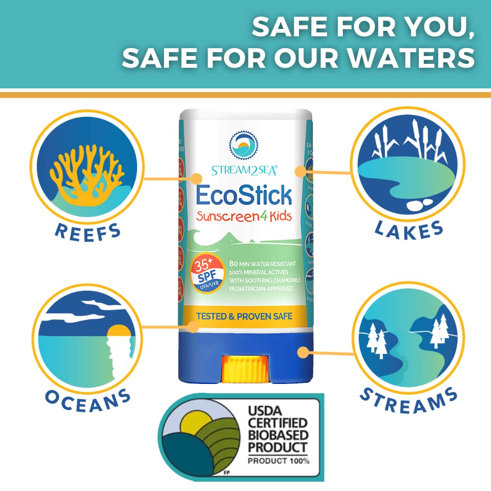 Stream2Sea EcoStick SPF 35 Mineral Sunscreen Stick - Reef Safe Broad Spectrum Roll On Body & Face Sunscreen - Sweat & Water Resistant, Biodegradable Natural Sunblock, UVA UVB (EcoStick Kids)