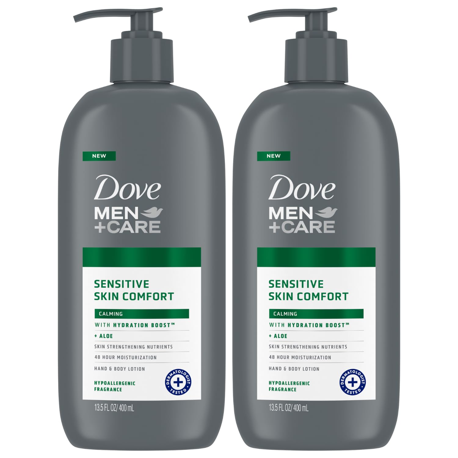 Dove Hand & Body Lotion, Men+Care Value Pack – Sensitive Skin Comfort Formula with Shea Butter & Aloe Vera, Calming Lotion for Dry Skin, 13.5 Fl Oz (Pack of 2)