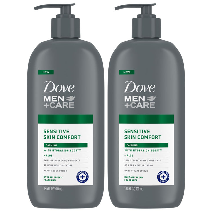Dove Hand & Body Lotion, Men+Care Value Pack – Sensitive Skin Comfort Formula with Shea Butter & Aloe Vera, Calming Lotion for Dry Skin, 13.5 Fl Oz (Pack of 2)