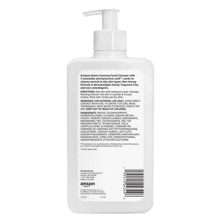 Amazon Basics Foaming Facial Cleanser with Ceramides & Hyaluronic Acid, Fragrance-Free, 12 Fl Oz, Pack of 1