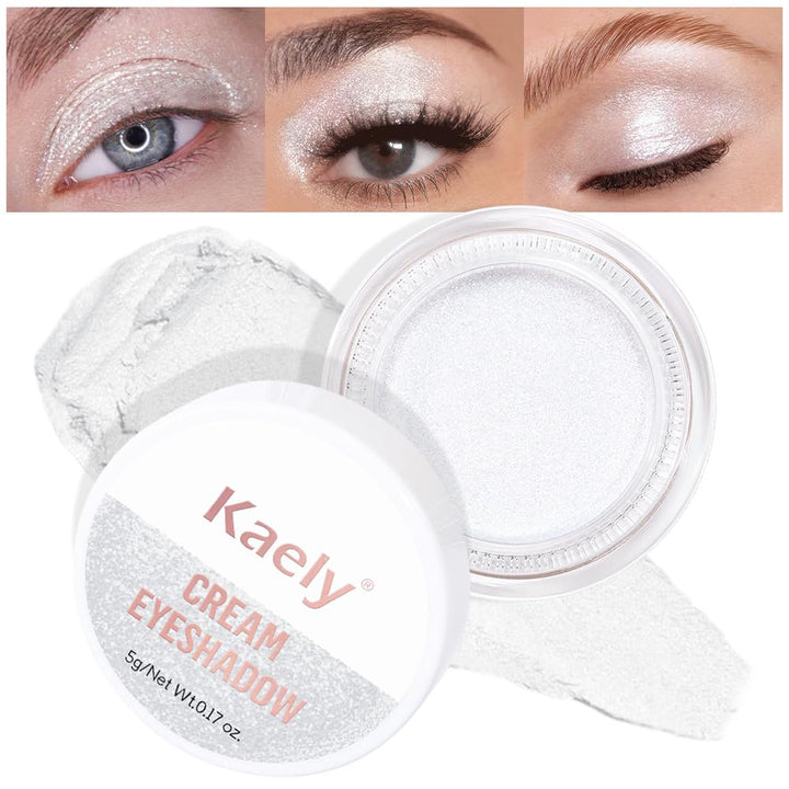 Kaely Single Cream Eyeshadow Pot, Pearl White Sparkle Highly Pigmented Monochrome Eye Shadow Palette Makeup, Waterproof Natural Mini Eyeshadow Brightener, sombras en crema para ojos, Blendable, 01