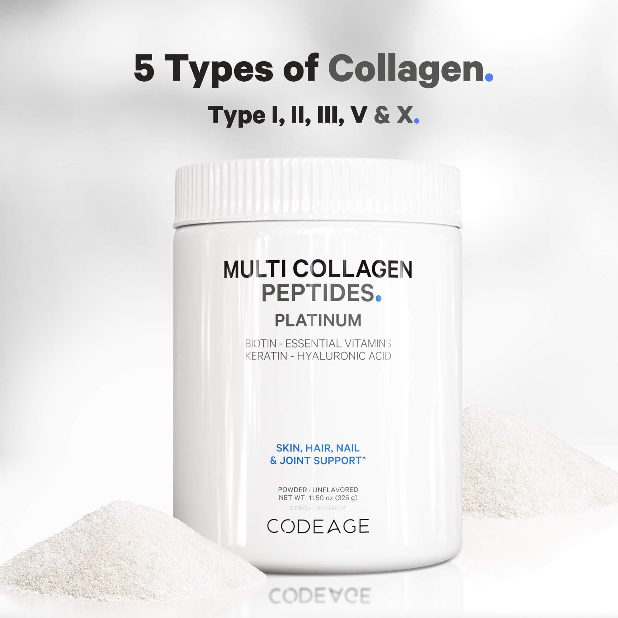 Codeage Multi Collagen for Women & Men Biotin 10000mcg Keratin, Protein Powder Vitamin C B6 D3, Hyaluronic Acid, Niacin - Hydrolyzed Collagen Coffee Creamer 5 Types - Unflavored - Non-GMO - 11.5oz