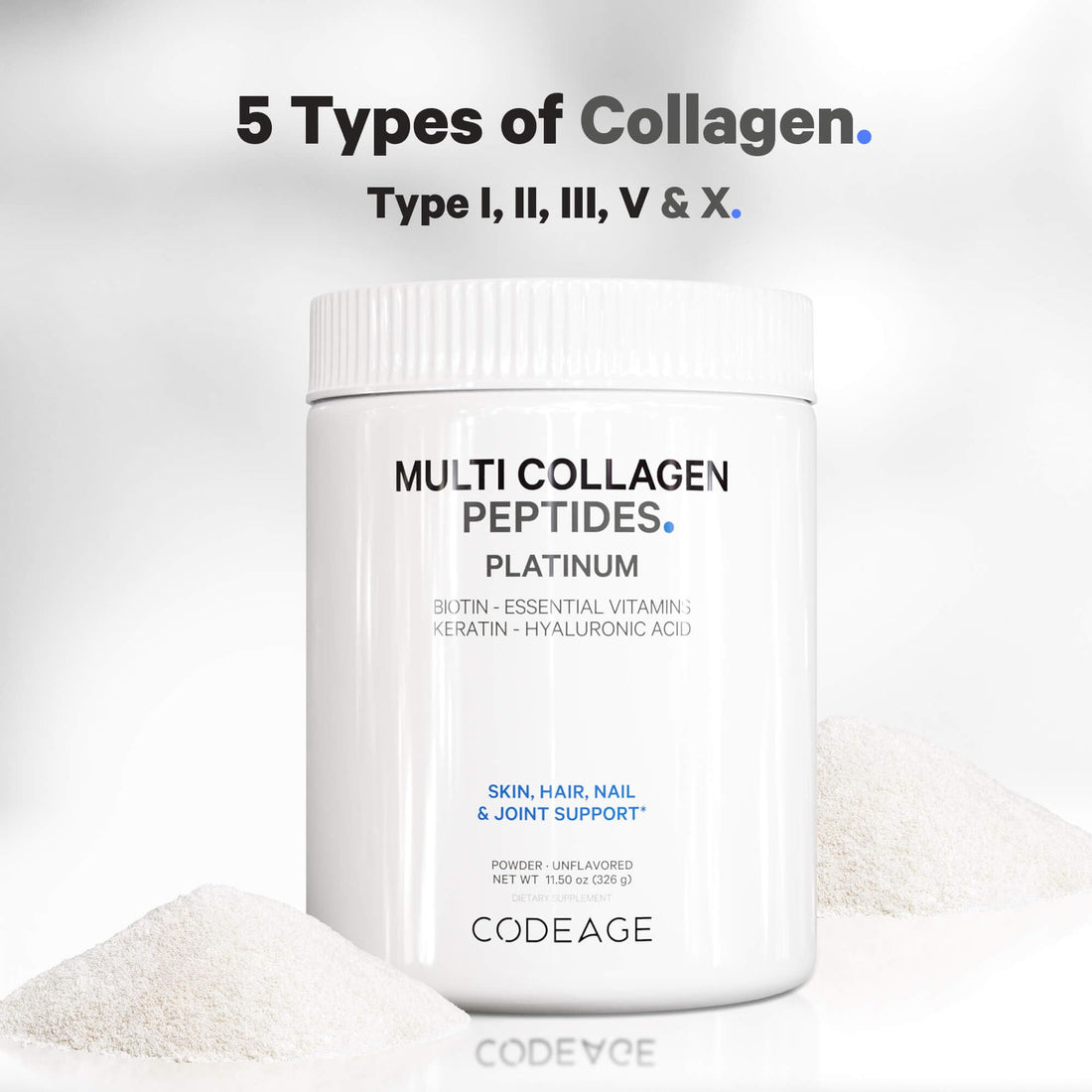 Codeage Multi Collagen for Women & Men Biotin 10000mcg Keratin, Protein Powder Vitamin C B6 D3, Hyaluronic Acid, Niacin - Hydrolyzed Collagen Coffee Creamer 5 Types - Unflavored - Non-GMO - 11.5oz