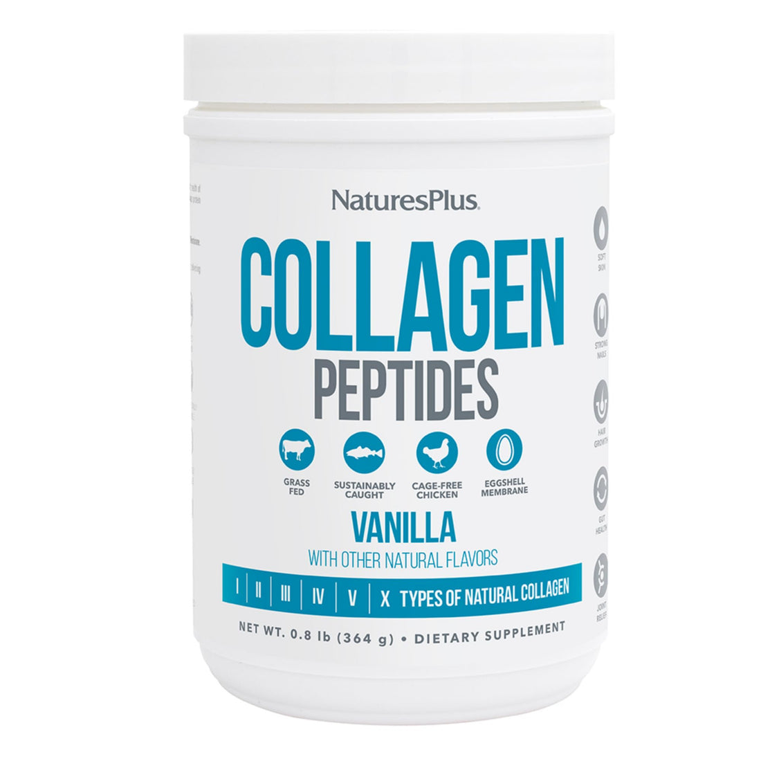 Natures Plus Collagen Peptides, Vanilla - 0.8 lb Powder - Hair, Skin, Nail & Joint Health, Immune System Support - Non-GMO, Gluten Free - 14 Servings