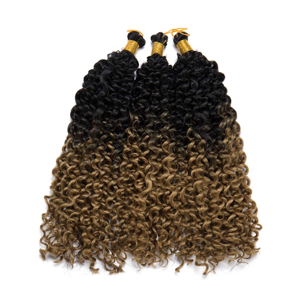 Afro Water Wave Crochet Hair Braids 14 Inch Ombre Marlybob Kinky Curly Synthetic Hair Bundles Extensions Jerry Curl Twist Hair Weave for Black Women 3 Bundles/Pack 2 Tones Black to Dark Blonde