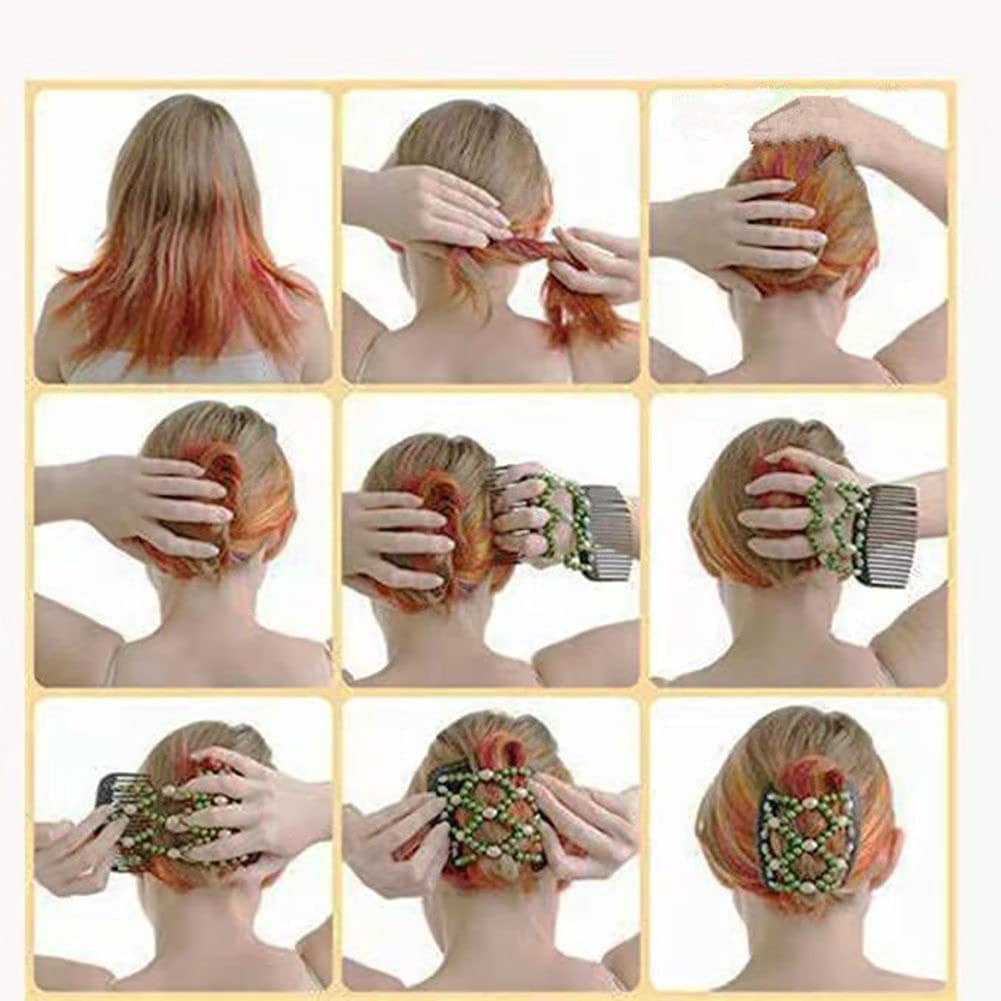 Lovef Women Magic Combs Wood Beaded Stretch Double Side Combs Clips Bun Maker Hair Accessories (Round Black)