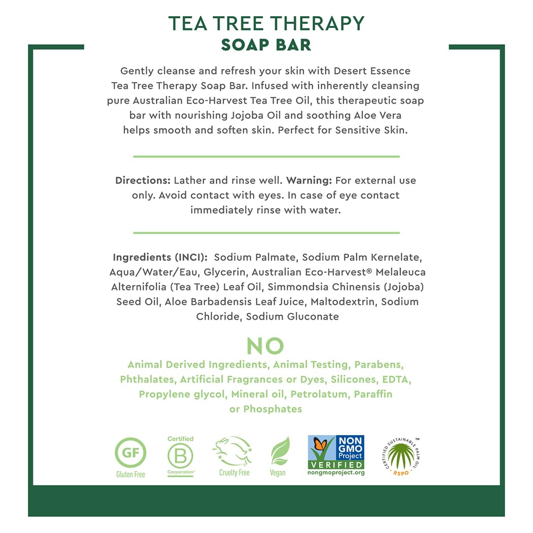 Desert Essence Tea Tree Therapy Cleansing Soap Bar - Botanically-Based with Sustainable Palm Oil, Eco-Harvest® Tea Tree, Jojoba Oil, Aloe – Safe for Sensitive Skin, Face & Body, Vegan, Cruelty-Free