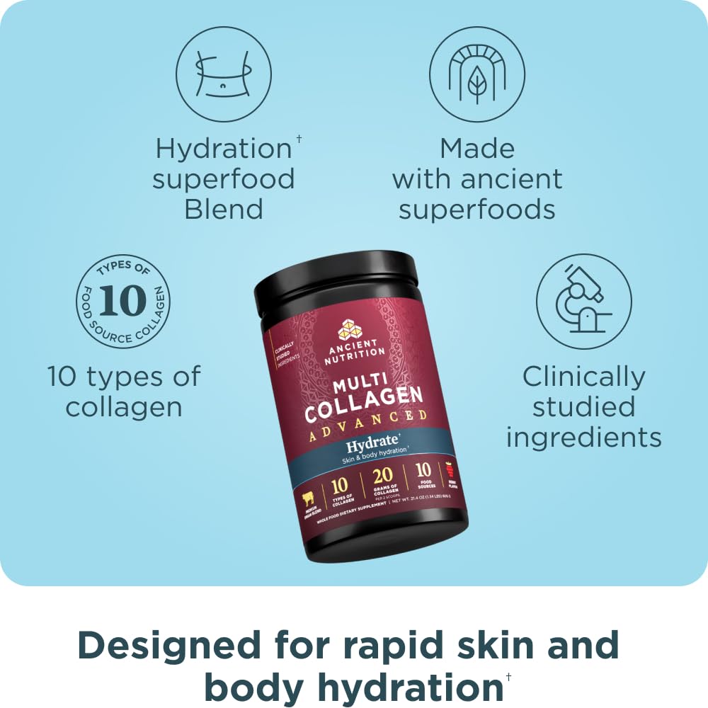 Ancient Nutrition Advanced Multi Collagen Protein Powder Hydrate, Mixed Berry, 30 Servings
