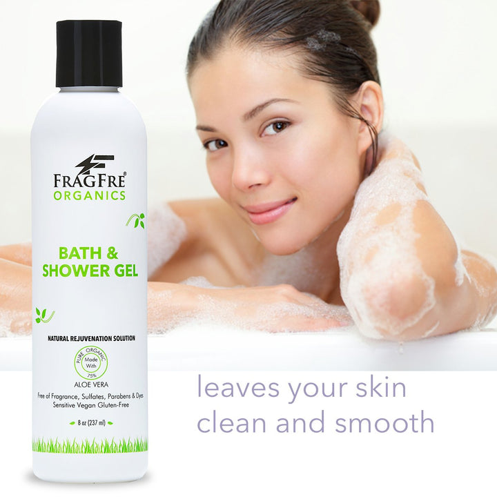 FRAGFRE Organic Shower Gel 8 oz - Fragrance Free Sulfate Free Parabens Free - for Normal and Dry Sensitive Skins - Gluten Free Vegan Cruelty Free - Organic Aloe Vera Bath Shower Gel - pure Natural