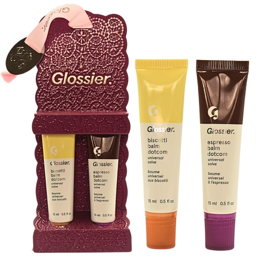Glossier Limited Edition Balm Dotcom Duo - Holiday Lip Balm Set with Biscotti & Espresso Flavors, Moisturizing, Nourishing, Sheer Tints, 15mL Each.